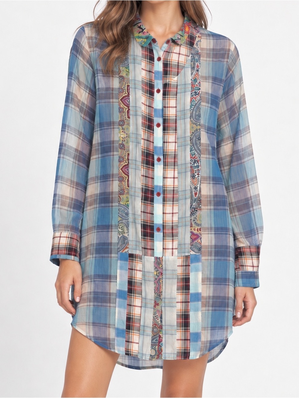 Johnny Was Plaid Lightweight Button-Up Collared Semi-Sheer Relaxed Tunic Multi S